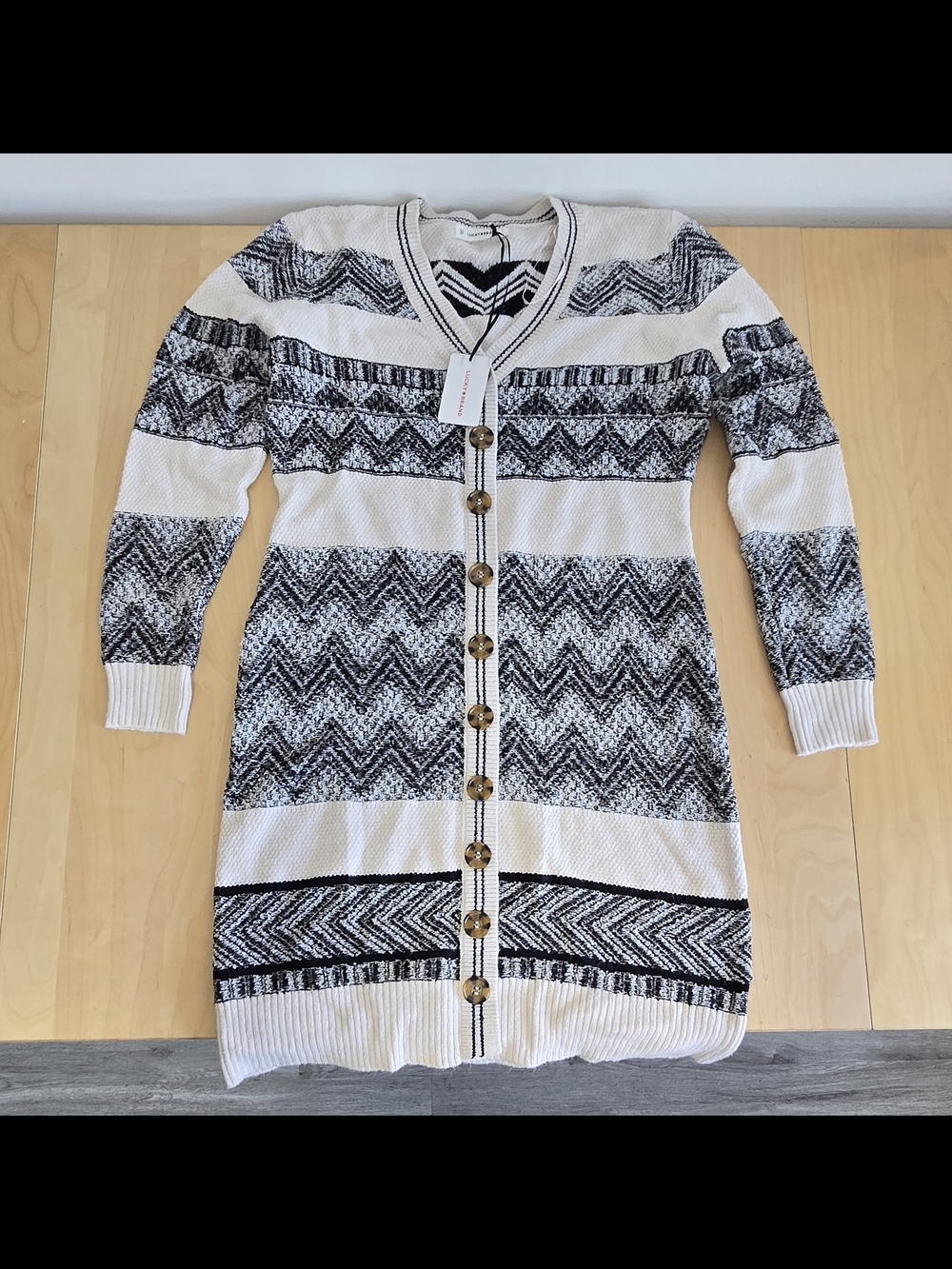 Lucky Brand Black & Cream Long Button-Front Knit Cardigan